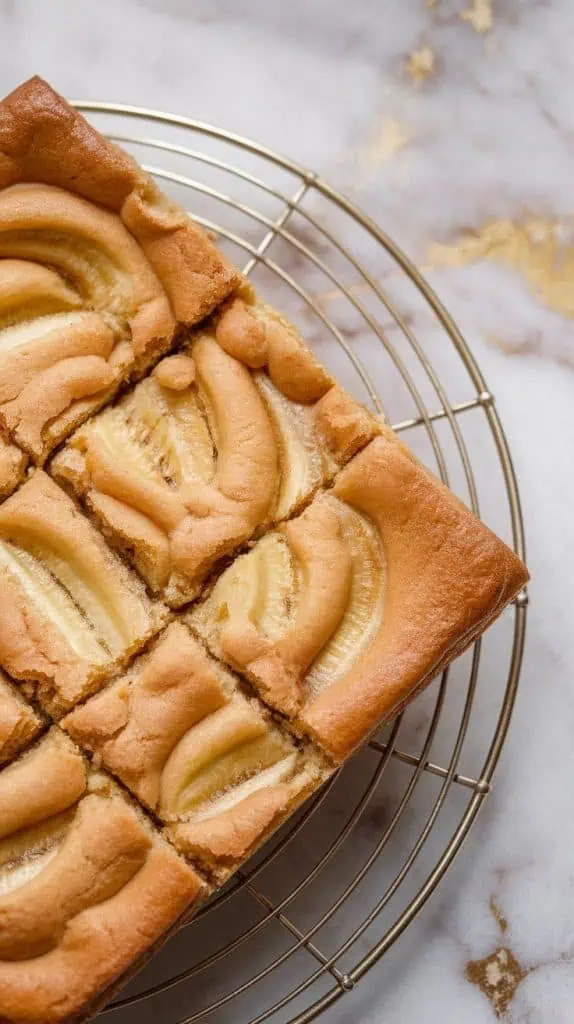 a square pan of freshly baked banana bars, golden brown with slightly crisp edges, cooling on a wire rack