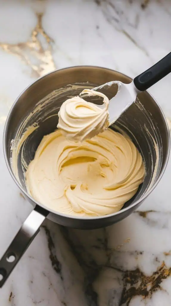 a mixing bowl with softened cream cheese and butter being whipped into a smooth, creamy frosting