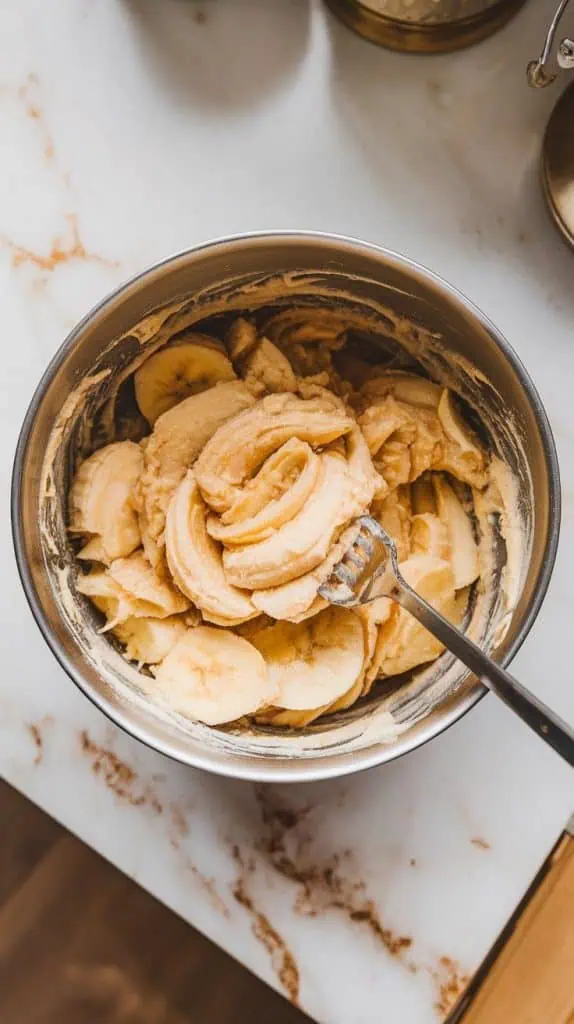a mixing bowl filled with soft, mashed bananas, their creamy texture slightly chunky
