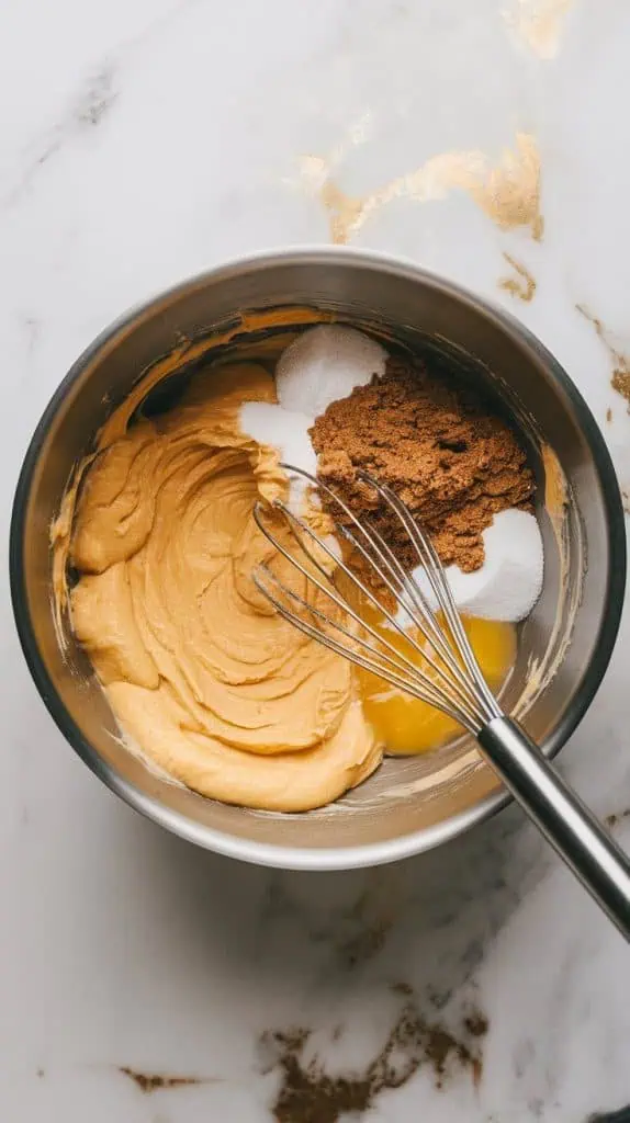a mixing bowl with mashed bananas, golden melted butter, brown sugar, granulated sugar, eggs, and vanilla extract being whisked into a smooth, creamy mixture