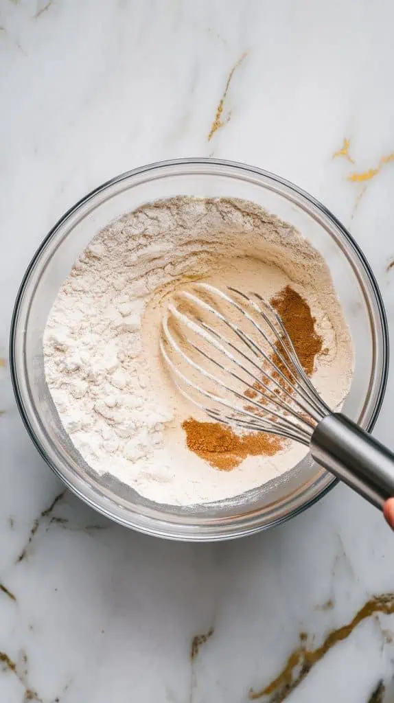a mixing bowl with all-purpose flour, baking powder, baking soda, cinnamon, and salt being whisked together into a light, fluffy mixture