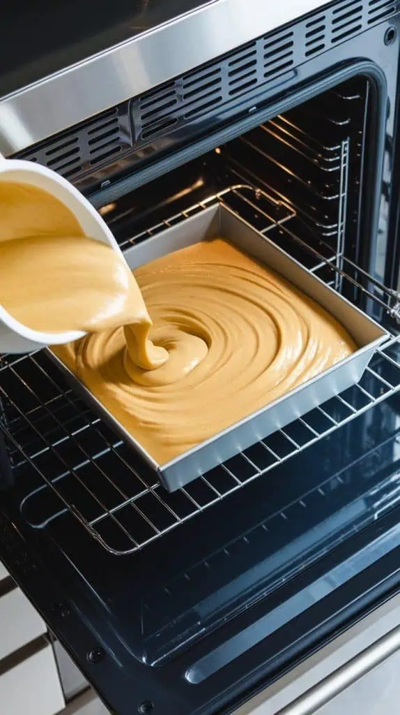 smooth, golden banana batter being poured into a square baking pan, spreading evenly
