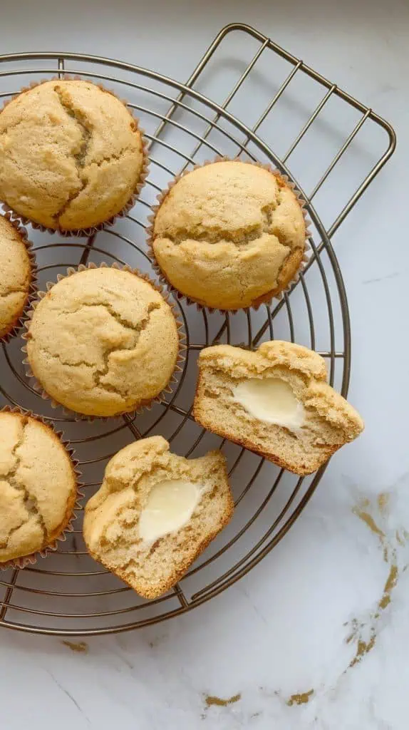warm banana cream cheese muffins cooling on a wire rack, their golden tops slightly cracked