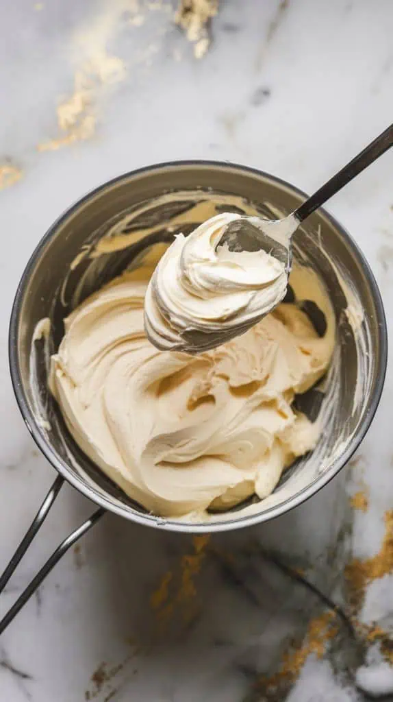 a mixing bowl with softened cream cheese, granulated sugar, and vanilla extract being whipped into a smooth, creamy filling