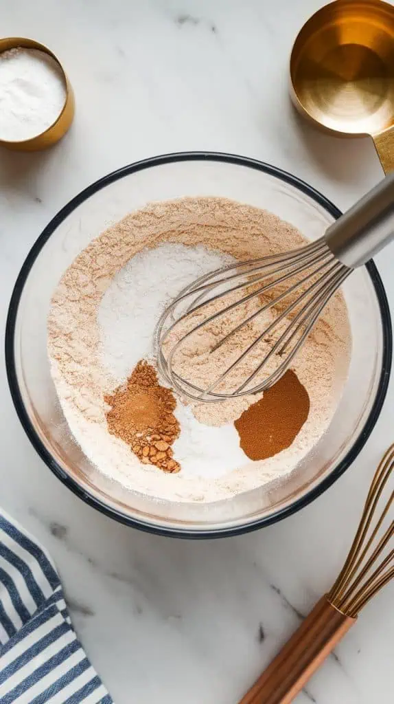 a mixing bowl with all-purpose flour, baking soda, baking powder, cinnamon, and salt being whisked together