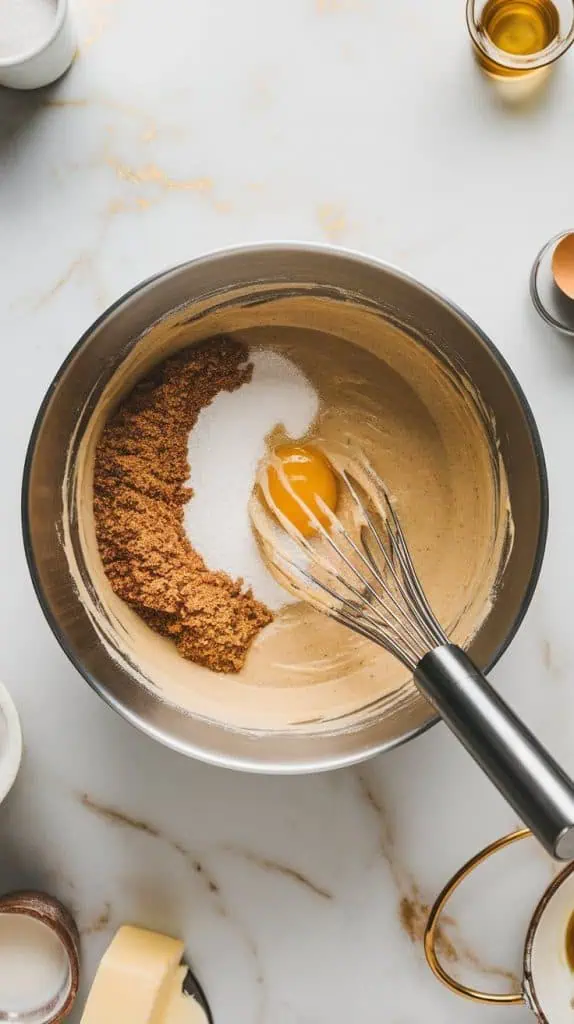 a mixing bowl with mashed bananas, brown sugar, granulated sugar, a cracked egg, melted butter, vanilla extract, and milk being whisked together into a smooth batter