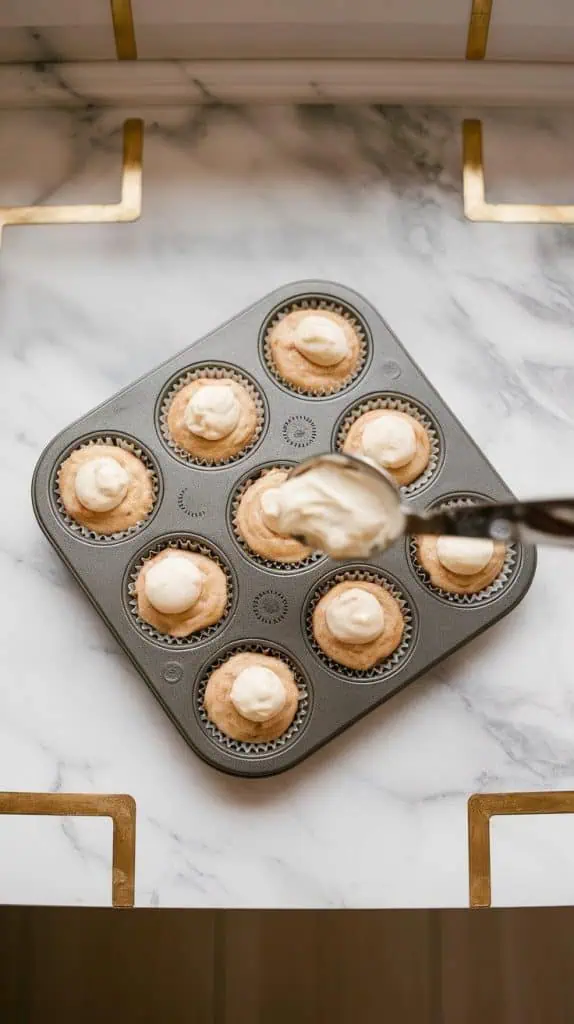 a muffin tin lined with cupcake liners, each partially filled with banana batter
