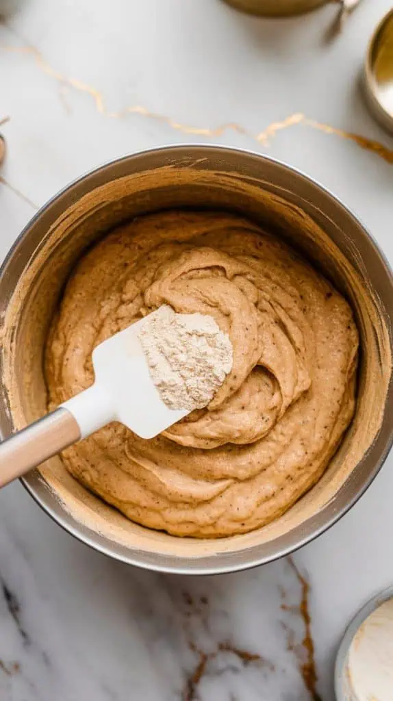a mixing bowl with mashed bananas, brown sugar, granulated sugar, a cracked egg, melted butter, vanilla extract, and milk being whisked together into a smooth batter