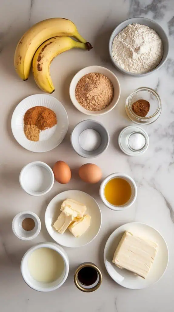 a small plate of mashed bananas, a small plate of all-purpose flour, a small plate of brown sugar, a small plate of granulated sugar, a small plate of baking soda, a small plate of baking powder, a small plate of cinnamon, a small plate of salt, a small plate of eggs, a small plate of melted butter, a small plate of vanilla extract, a small plate of milk, a small plate of softened cream cheese, and a small plate of extra granulated sugar