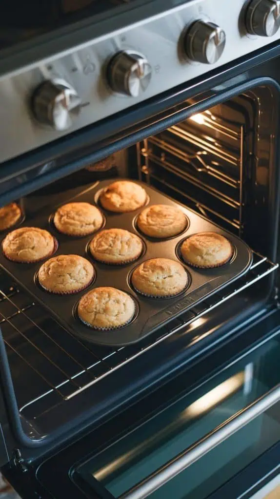 golden banana cream cheese muffins baking inside a modern stainless steel double oven, their tops rising perfectly