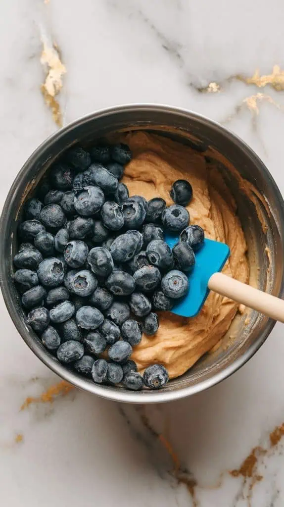 fresh blueberries being gently folded into banana bread batter with a spatula, making sure they are evenly distributed