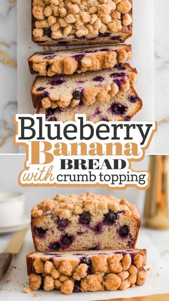 a freshly baked blueberry banana bread loaf with a golden brown crumb topping, sliced to reveal its moist texture and juicy blueberries