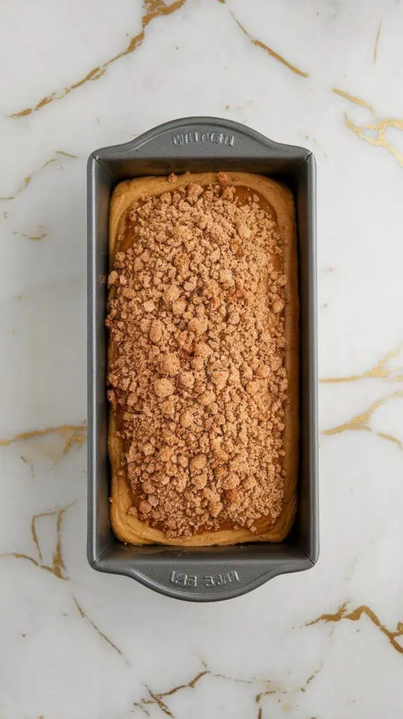 banana bread batter in a loaf pan, topped with a thick layer of crumb topping, ready to be baked