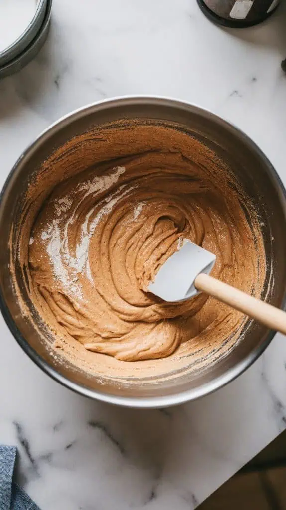 banana bread batter being mixed in a bowl with a spatula, with flour streaks still visible before fully combined