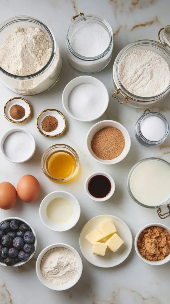 a small plate of mashed bananas, a small plate of all-purpose flour, a small plate of baking soda, a small plate of baking powder, a small plate of salt, a small plate of cinnamon, a small plate of granulated sugar, a small plate of brown sugar, a small plate of eggs, a small plate of melted butter, a small plate of vanilla extract, a small plate of milk, a small plate of fresh blueberries, a small plate of extra flour, a small plate of cubed cold butter, and a small plate of extra brown sugar.