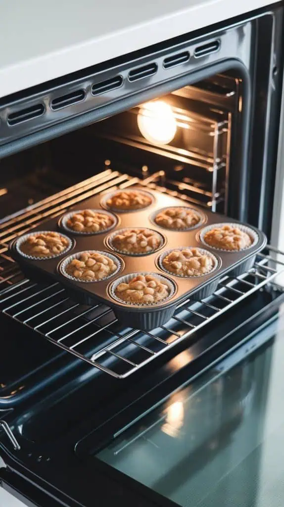 a muffin tin inside a modern stainless steel double oven. The muffins are rising and turning golden brown