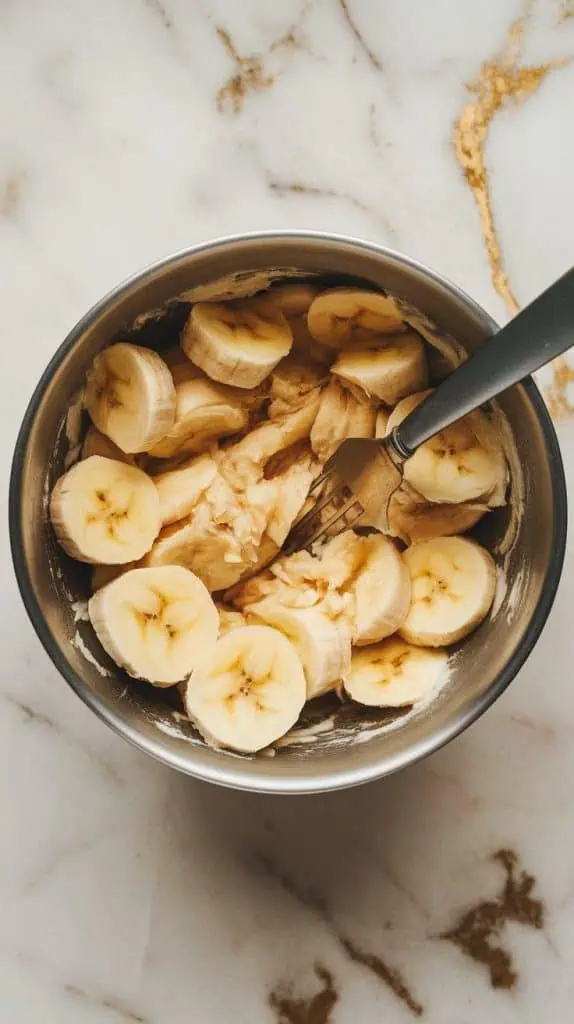a large mixing bowl with three mashed bananas, slightly lumpy. A fork rests inside the bowl, showing the mashing process
