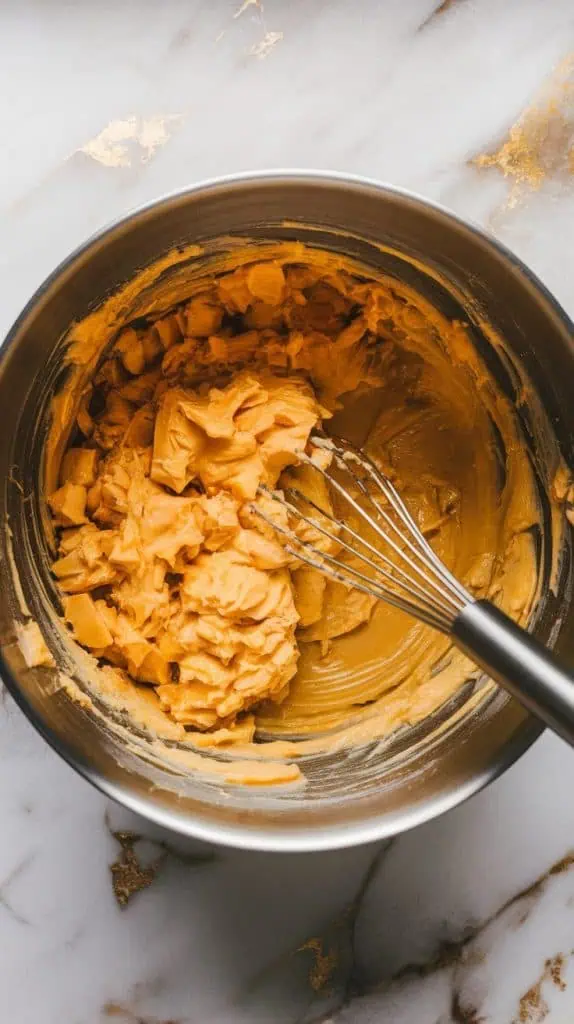 a large mixing bowl containing mashed bananas, melted butter, brown sugar, eggs, and vanilla extract