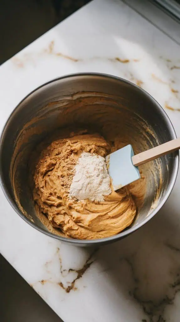 a large mixing bowl with the banana mixture and dry ingredients being gently folded together using a spatula