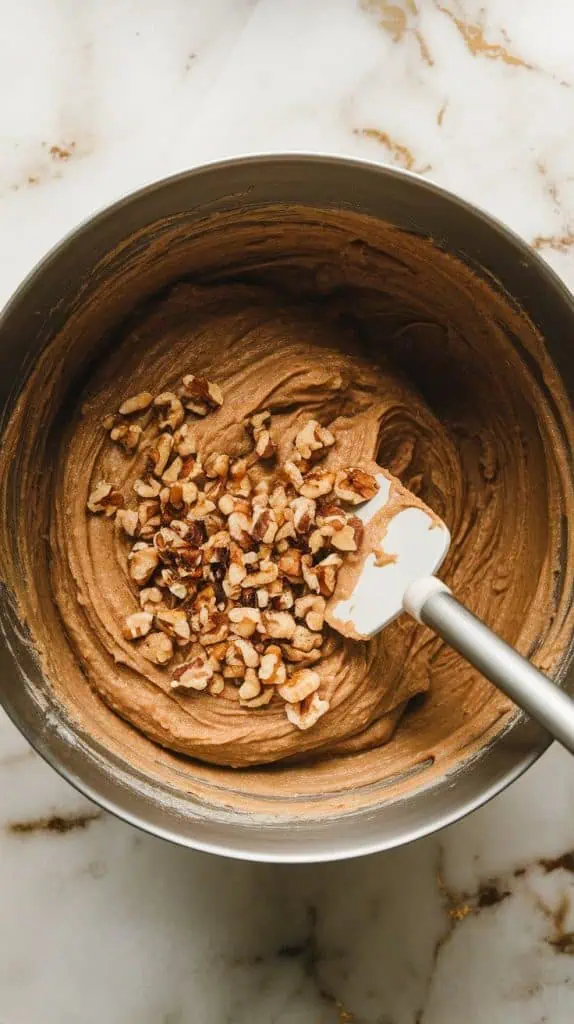 a large mixing bowl with thick banana muffin batter and chopped walnuts being folded in with a spatula
