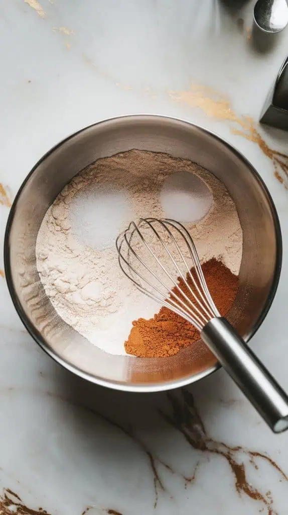 a medium mixing bowl with flour, baking soda, baking powder, salt, and cinnamon