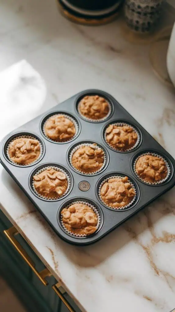 a muffin tin lined with paper liners, each filled about ¾ full with banana nut muffin batter