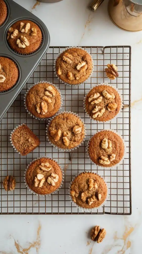 freshly baked banana nut muffins cooling on a wire rack. Some muffins are still in the tin, while others are placed on the rack