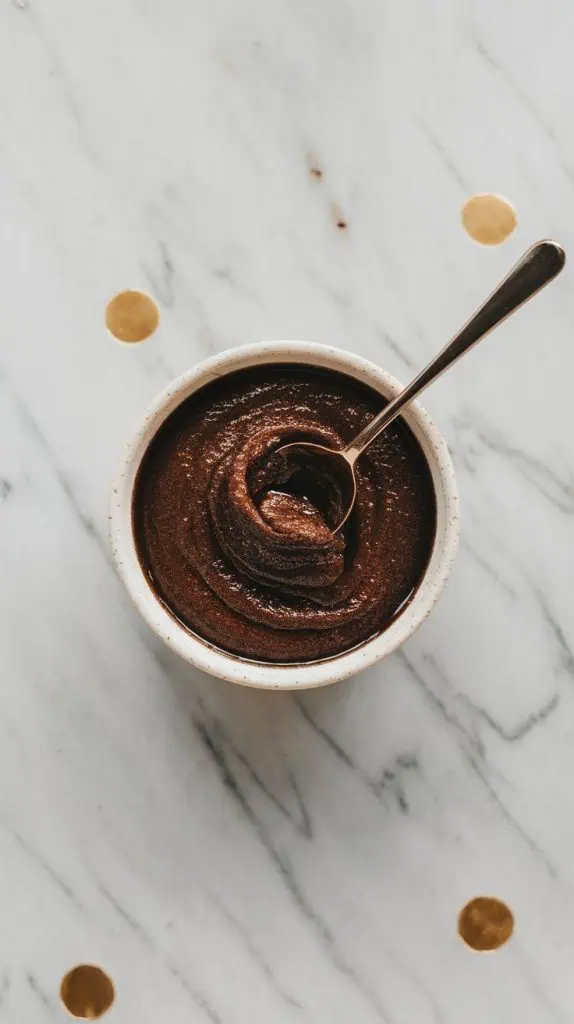 a small bowl filled with a dark, glossy cinnamon-sugar mixture, thick and spreadable