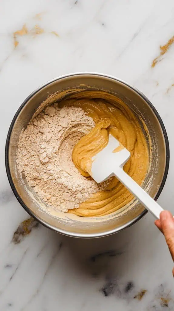a spatula folding dry flour mixture into the wet banana mixture, creating a thick, slightly lumpy batter