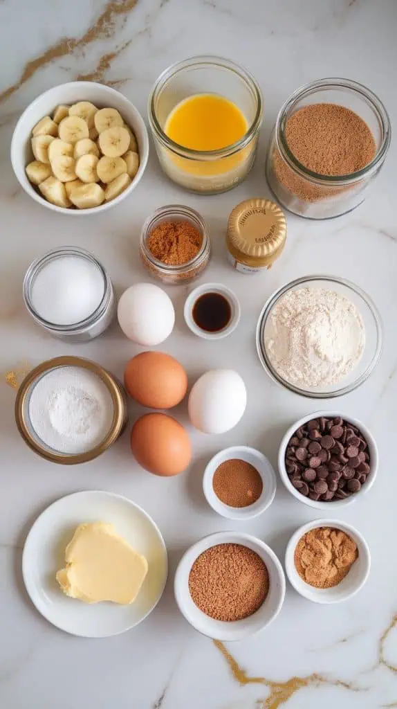 a small plate of mashed bananas, a small plate of melted butter, a small plate of brown sugar, a small plate of granulated sugar, a small plate of eggs, a small plate of vanilla extract, a small plate of all-purpose flour, a small plate of baking soda, a small plate of salt, a small plate of cinnamon, a small plate of chocolate chips, a small plate of brown sugar mixed with cinnamon, and a small plate of melted butter for the swirl