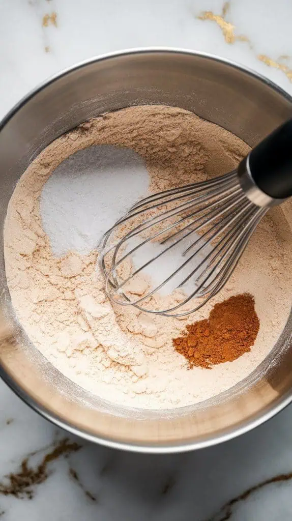 a mixing bowl with all-purpose flour, baking soda, baking powder, salt, and cinnamon being whisked together
