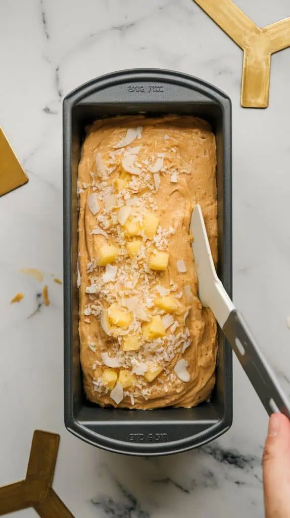 a loaf pan filled with banana bread batter, spread evenly with a spatula. The batter has a slightly textured surface from the coconut and pineapple