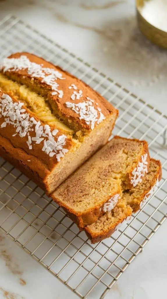 golden banana bread baking inside a modern stainless steel double oven, its surface slightly domed with toasted coconut flakes visible