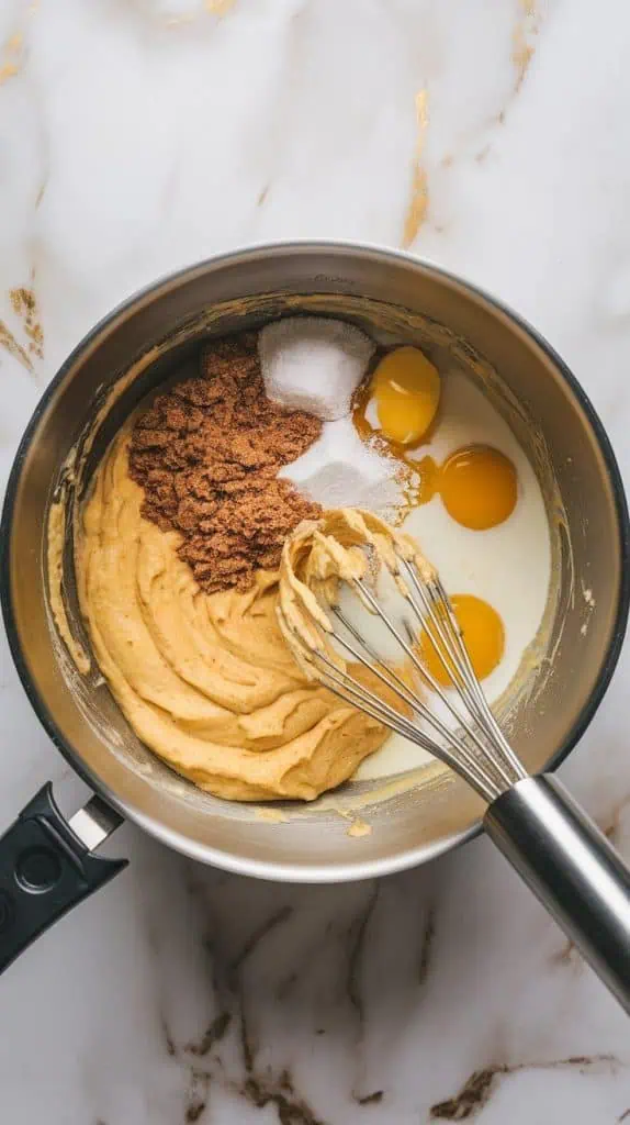 a mixing bowl with mashed bananas, brown sugar, granulated sugar, cracked eggs, melted butter, vanilla extract, and coconut milk being whisked together into a smooth batter