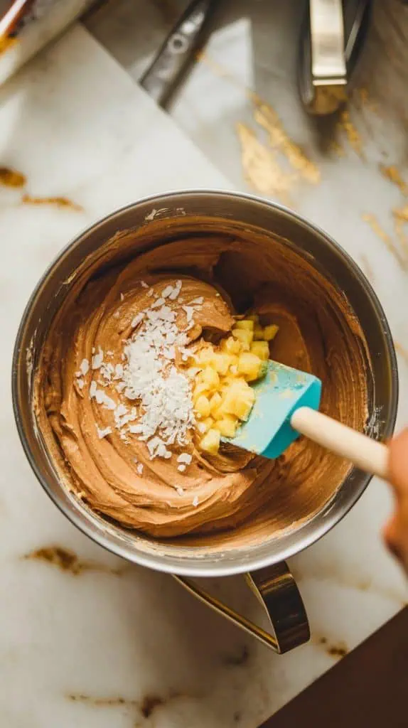 a mixing bowl with banana bread batter, with shredded coconut and crushed pineapple being folded in with a spatula