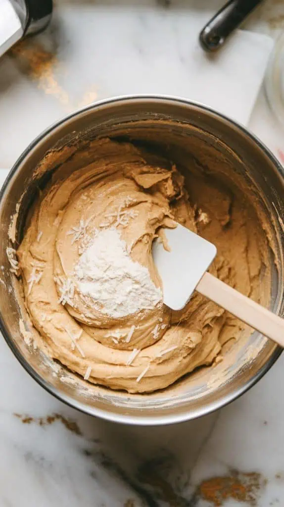 a spatula folding the flour mixture into the banana batter, creating a thick, slightly lumpy texture