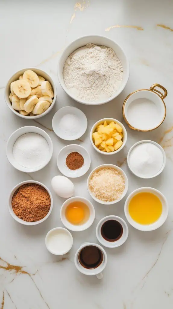 a small plate of mashed bananas, a small plate of all-purpose flour, a small plate of baking soda, a small plate of baking powder, a small plate of salt, a small plate of cinnamon, a small plate of crushed pineapple, a small plate of shredded coconut, a small plate of brown sugar, a small plate of granulated sugar, a small plate of eggs, a small plate of melted butter, a small plate of vanilla extract, and a small plate of coconut milk. Each ingredient is stored in a jar or placed on a small plate with no labels. 