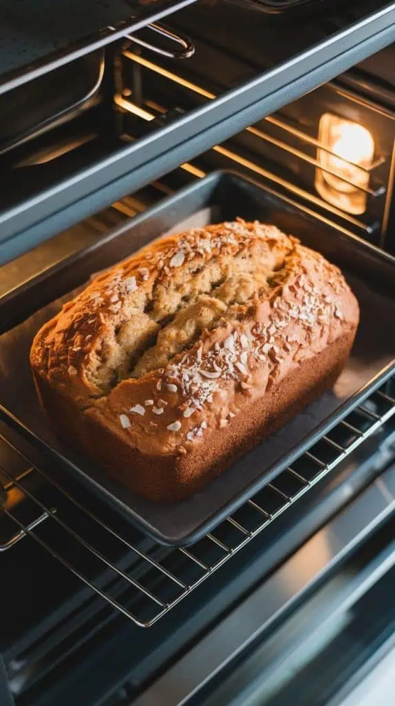 golden banana bread baking inside a modern stainless steel double oven, its surface slightly domed with toasted coconut flakes visible