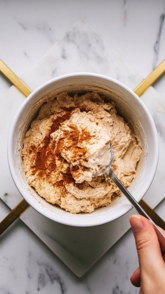 oat flour and cinnamon being sprinkled into the creamy cottage cheese mixture, with a spoon stirring everything together into a thick, cookie dough-like texture.