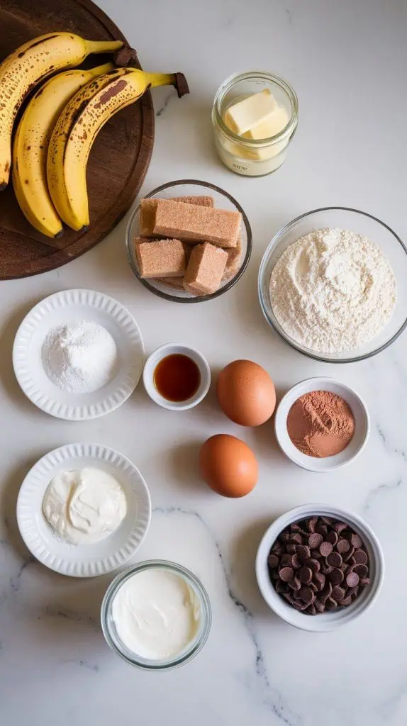  all ingredients for double chocolate banana bread arranged on a white marble countertop with hints of gold. The ripe bananas are slightly speckled and placed on a wooden board