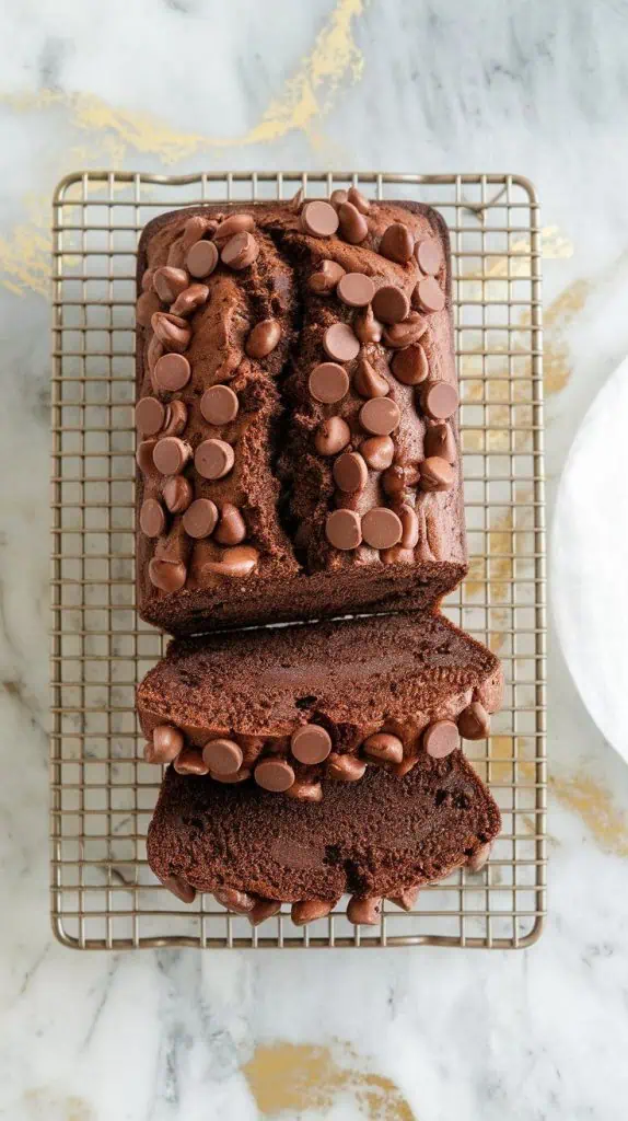  freshly baked double chocolate banana bread on a wire rack, with a few slices cut to reveal a fudgy, chocolatey interior