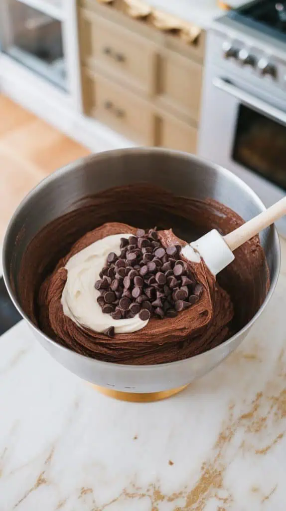 a large mixing bowl with thick chocolate banana bread batter, sour cream, and chocolate chips being folded in with a spatula