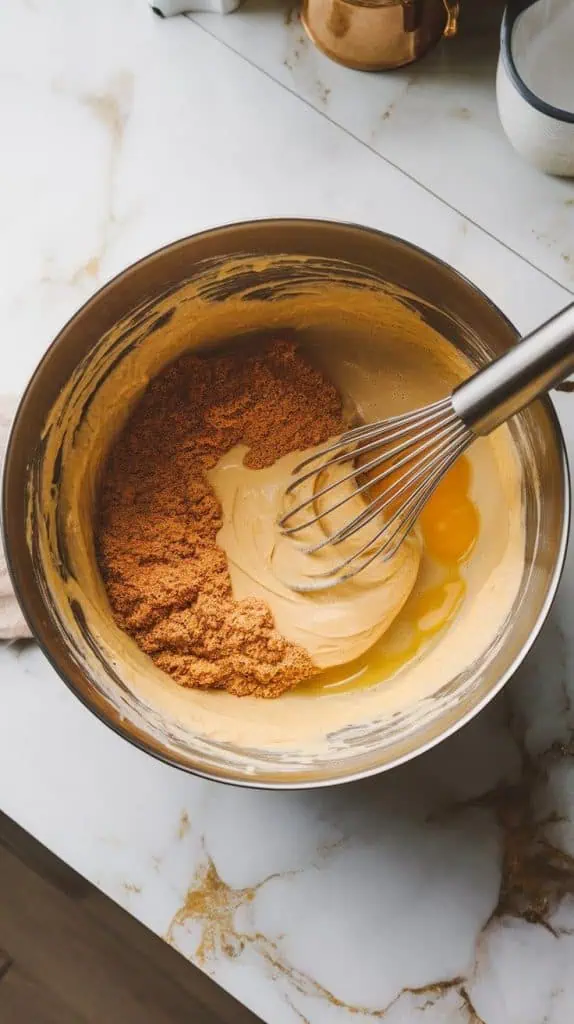 a large mixing bowl with mashed bananas, melted butter, packed brown sugar, eggs, and vanilla extract.