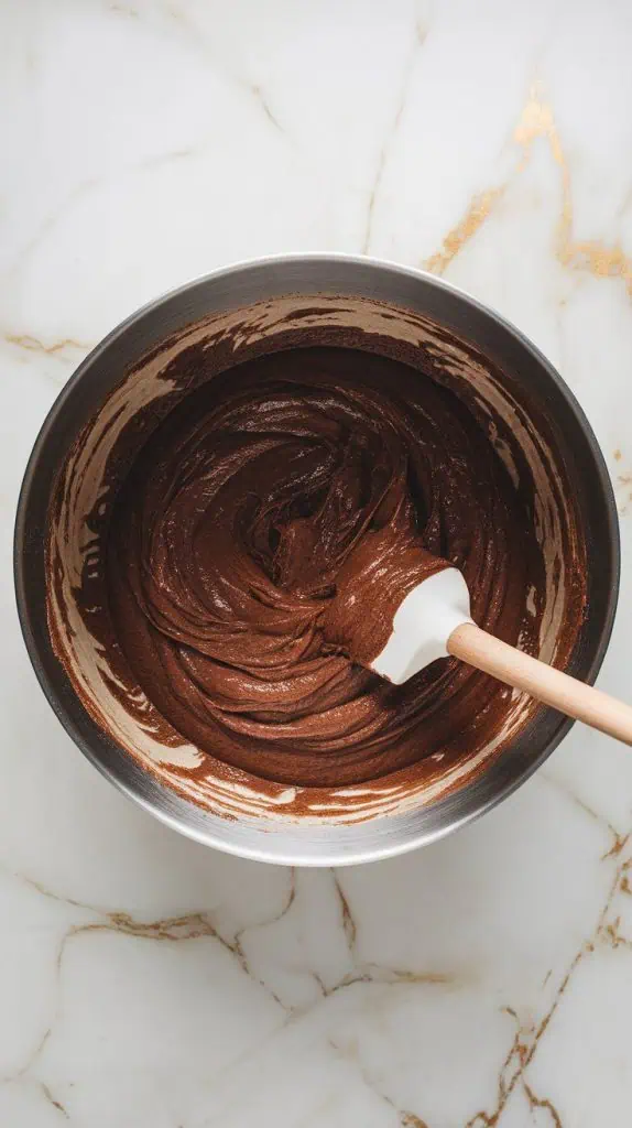 a large mixing bowl with thick chocolate banana bread batter being gently folded with a spatula