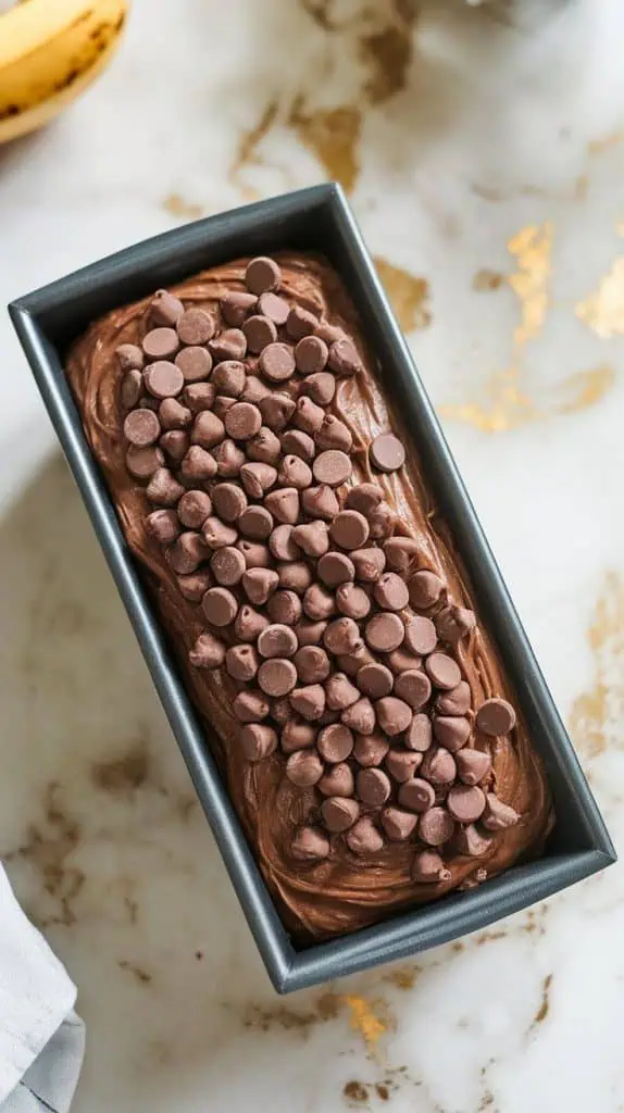 a loaf pan filled with thick chocolate banana bread batter, topped with extra chocolate chips