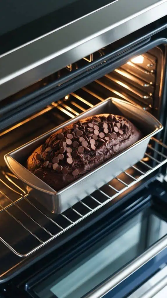 a loaf pan inside a modern stainless steel double oven. The double chocolate banana bread is rising and turning dark and glossy