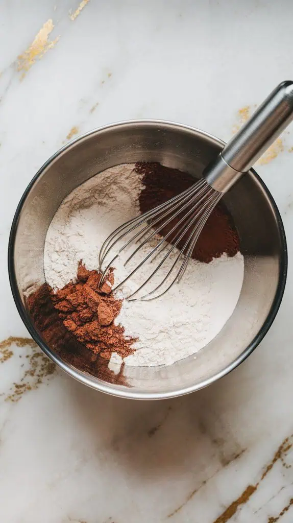 a medium mixing bowl with all-purpose flour, cocoa powder, baking soda, baking powder, and salt