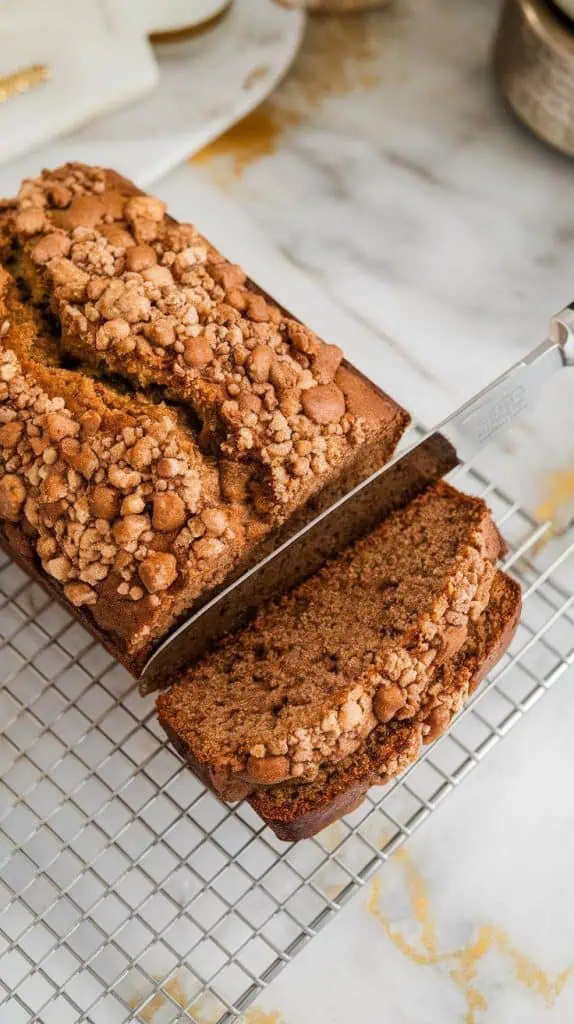 a freshly baked loaf of espresso banana bread with crumb topping resting on a cooling rack, with a knife cutting into the golden, moist texture