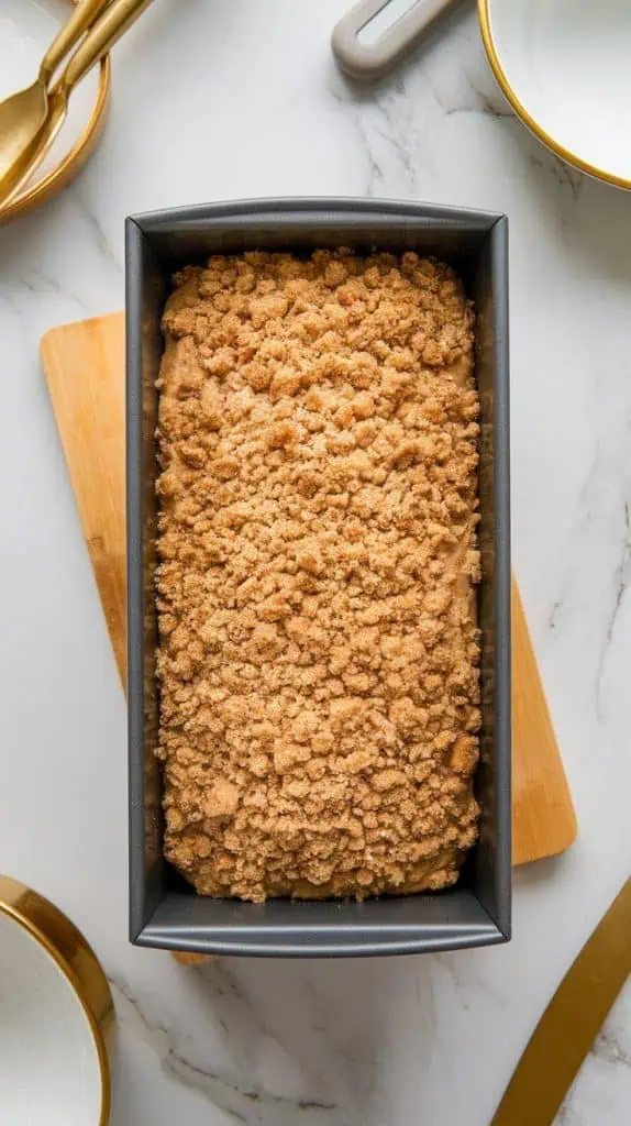 a loaf pan filled with banana bread batter, topped with a thick layer of crumb topping