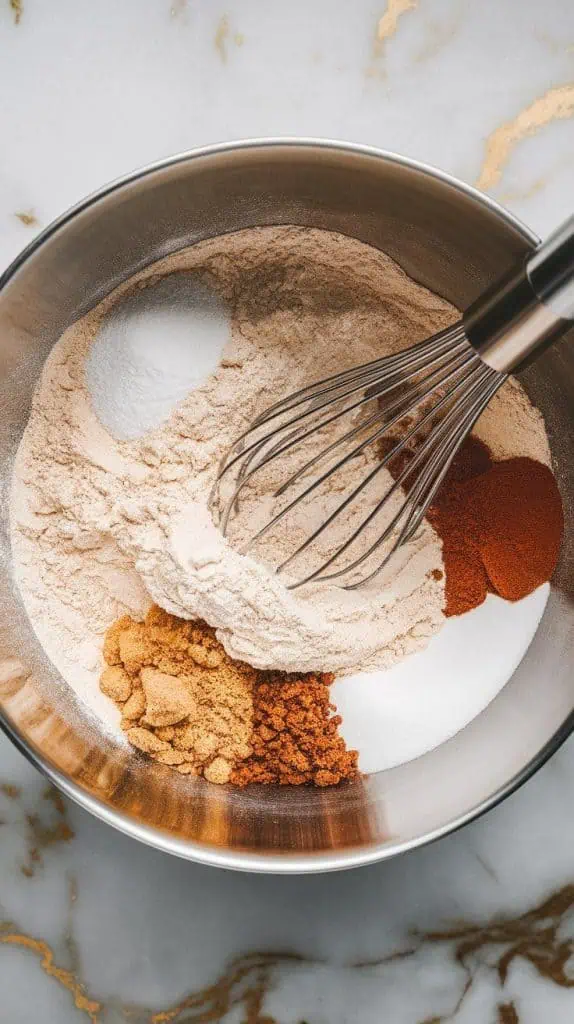 a mixing bowl with all-purpose flour, baking soda, salt, cinnamon, brown sugar, and granulated sugar being whisked together